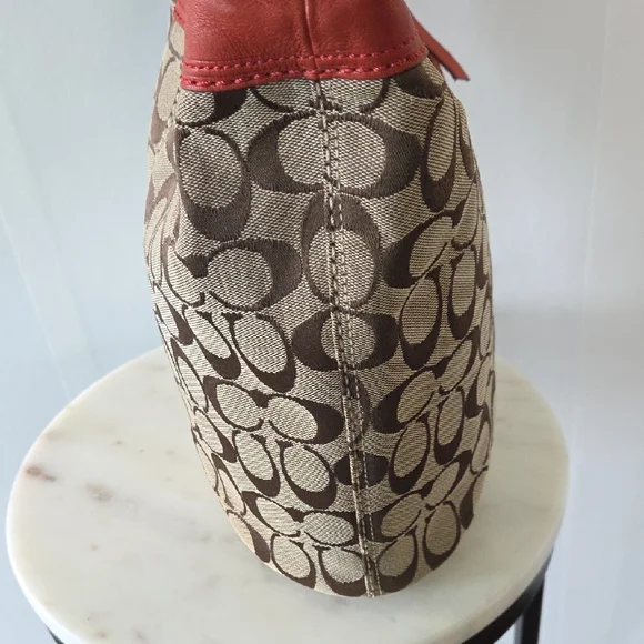 Coach Monogram Canvas Shoulder Bag with Red Leather Trim Vintage - Picture 9 of 13